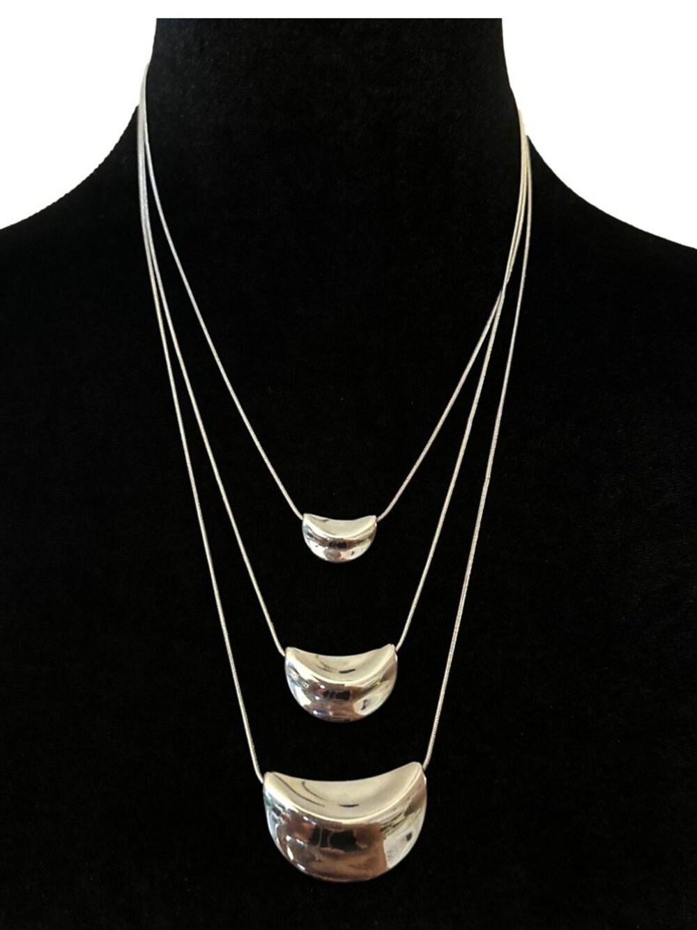 Silver Tone Multi Layered Crescent Pendant Necklace With Adjustable Chain Women